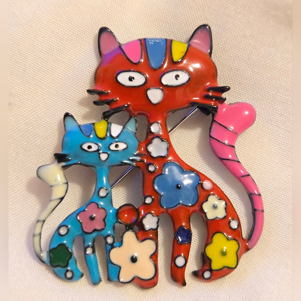 Metal Enamel Red Cat & Blue Cat Brooch Pendant Flower Power Retro